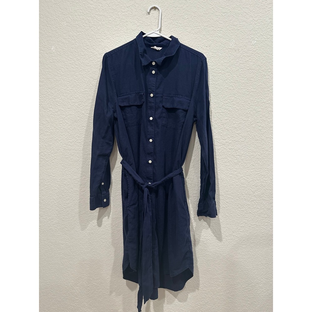 Caslon Womens Navy Blue Linen Blend Long Sleeve Belted Shirt Dress XL